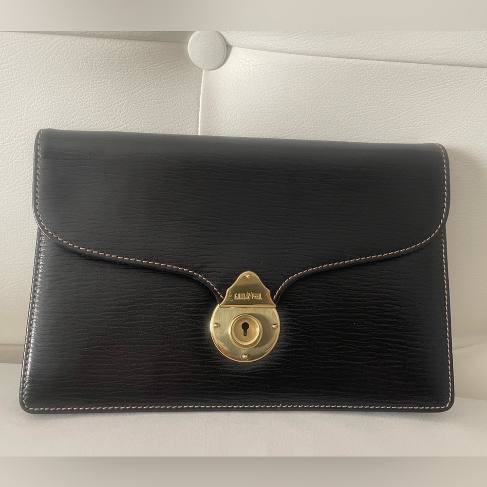 Gold Pfeil Black Leather Clutch with Gold Lock
